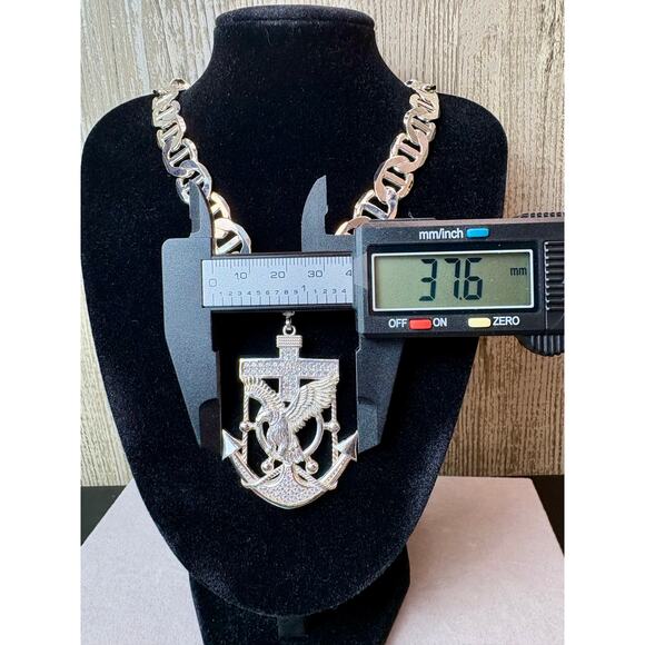 Moissanite Anchor Pendant, 24" 12mm GG Link Silver Chain - Picture 8 of 9